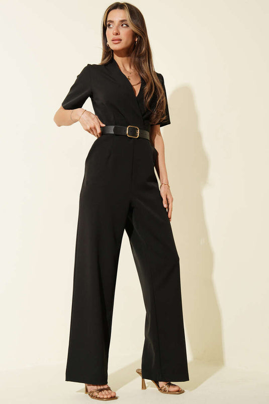 Kare Buckle Belted V-Neck Jumpsuit Black