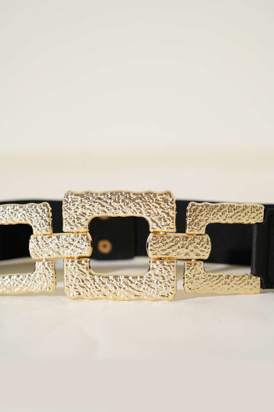 Black Elastic Belt with Square Buckle Detail