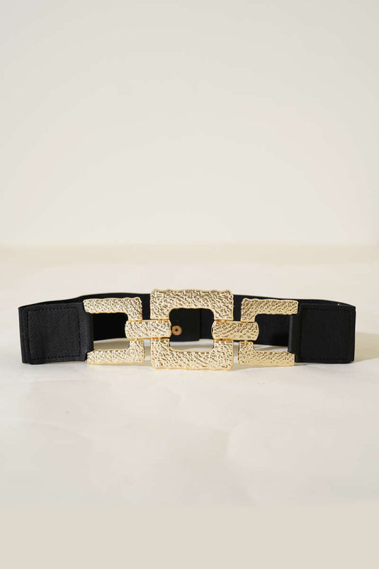 Black Elastic Belt with Square Buckle Detail