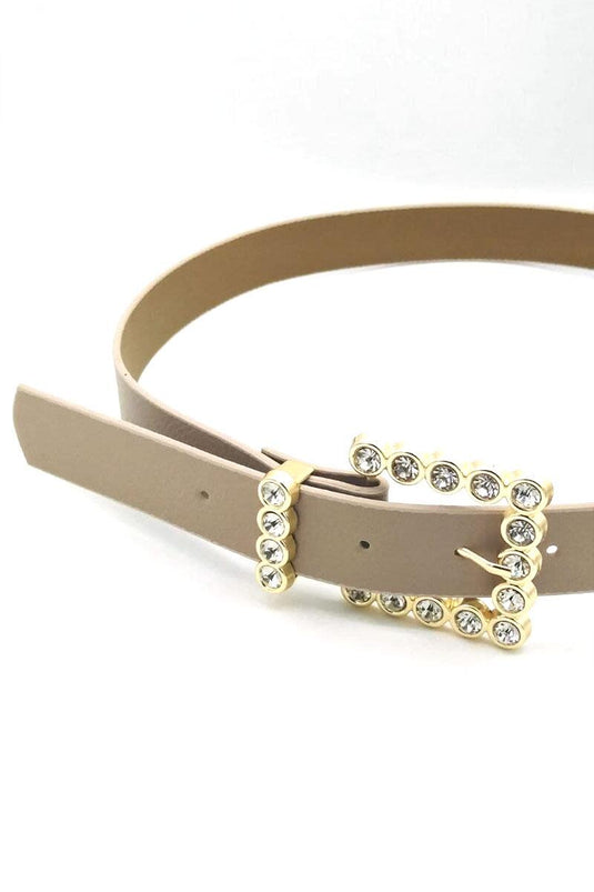 Square Buckle Beige Belt with Stones