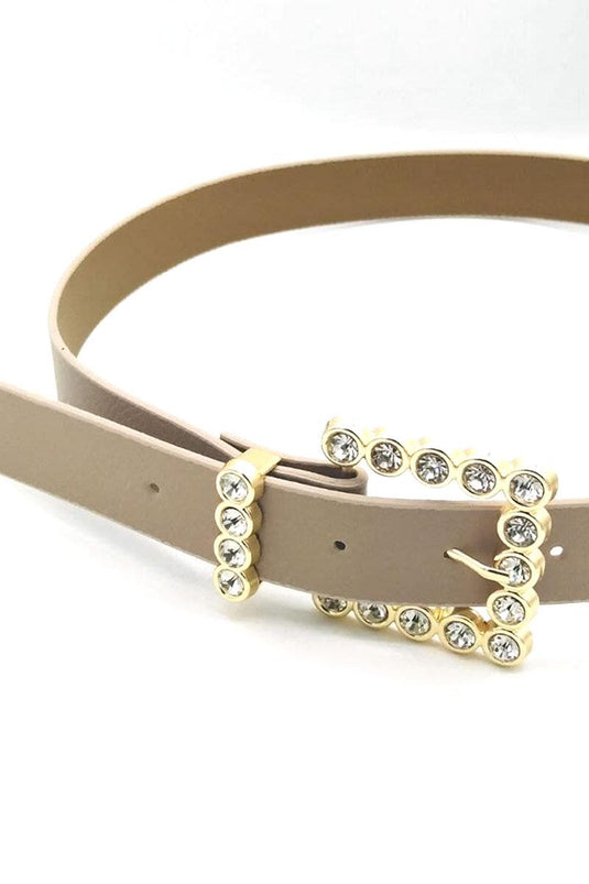 Square Buckle Beige Belt with Stones