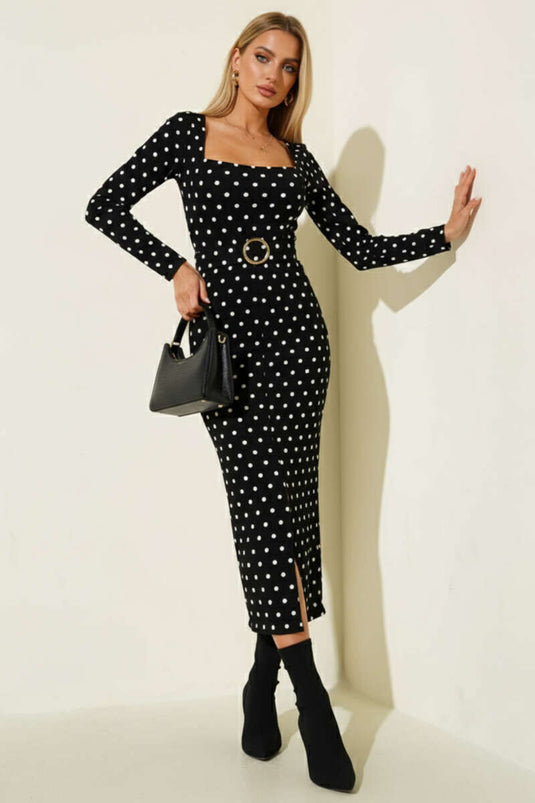 Kare Yaka Desenli Elbise Siyah