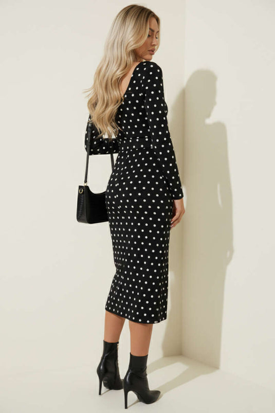 Kare Yaka Desenli Elbise Siyah