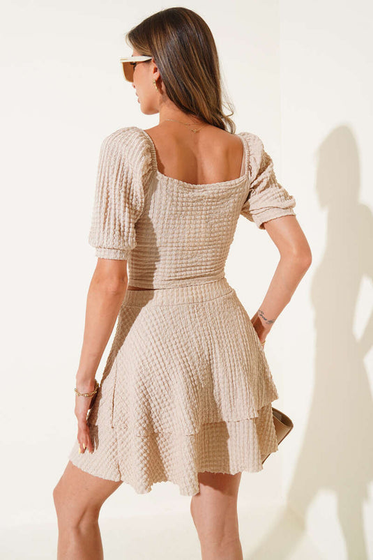 Square Neck, Ruffled Skirt, Waffle Two-Piece Set, Beige