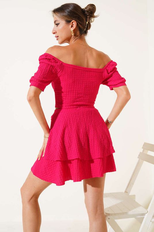 Square Neck, Ruffled Skirt, and Waffle Two-Piece Set, Fuchsia