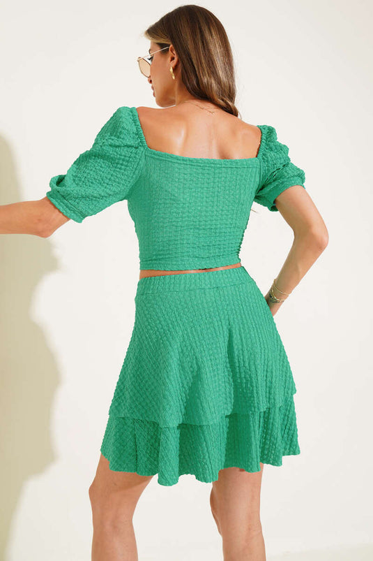 Square Neck Ruffled Skirt Waffle Two-Piece Set Green