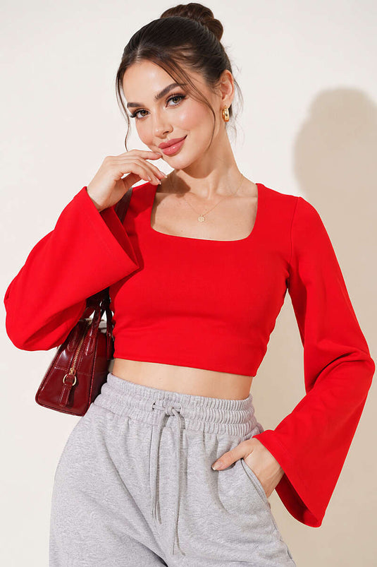 Kare Yaka Geniş Kol Crop Kırmızı