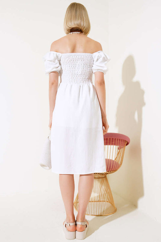 Square Neck Gipel Dress Ecru