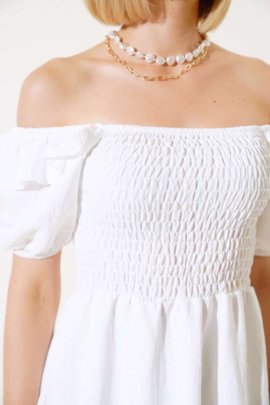 Square Neck Gipel Dress Ecru