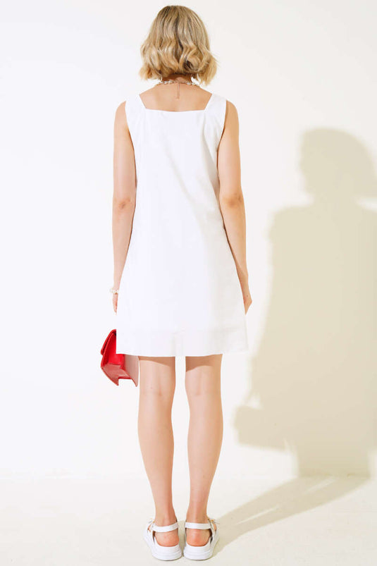 Kare Yaka Güpürlü Elbise Ekru