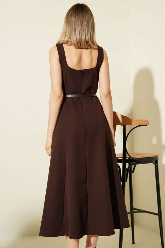 Square Neck Belted Fabric Midi Dress Brown