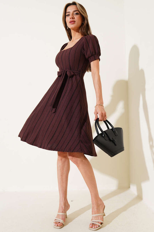 Square Neck Sleeveless Striped Midi Dress Brown