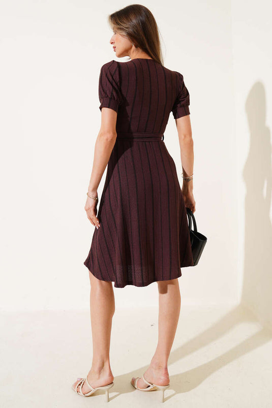 Square Neck Sleeveless Striped Midi Dress Brown