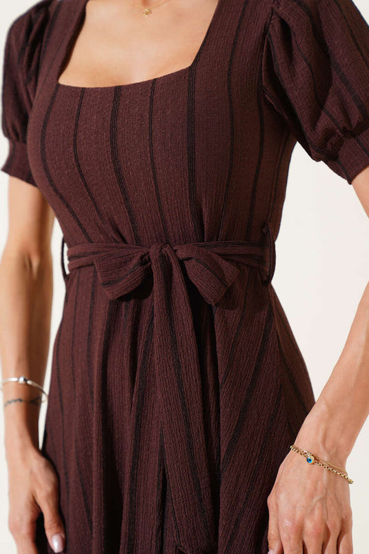 Square Neck Sleeveless Striped Midi Dress Brown
