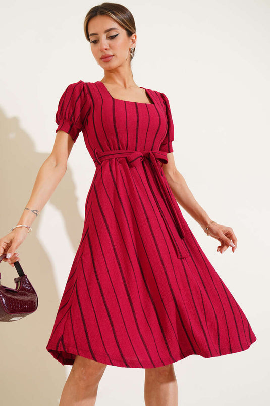 Square Neck Sleeveless Striped Midi Dress Cherry