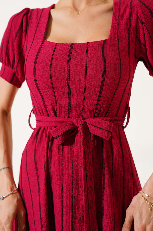 Square Neck Sleeveless Striped Midi Dress Cherry