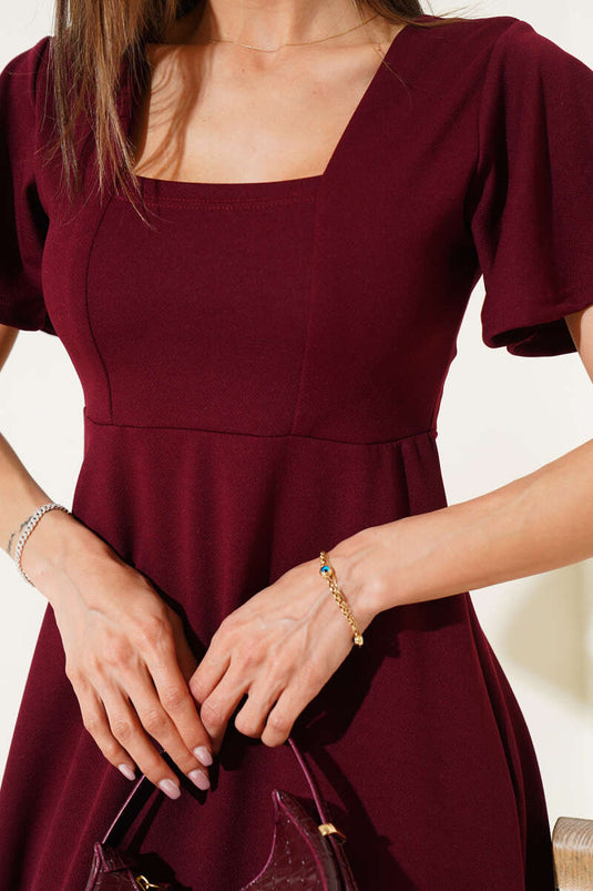 Midikleid mit eckigem Ausschnitt, burgunderrot