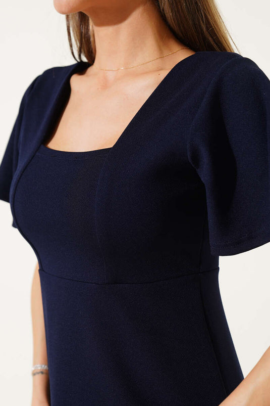 Midikleid mit eckigem Ausschnitt, marineblau