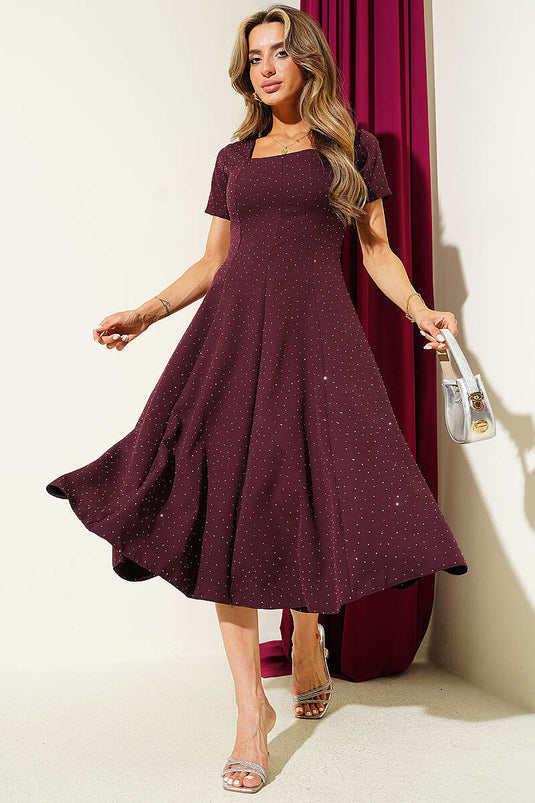 Kare Yaka Mini Taşlı Elbise Bordo