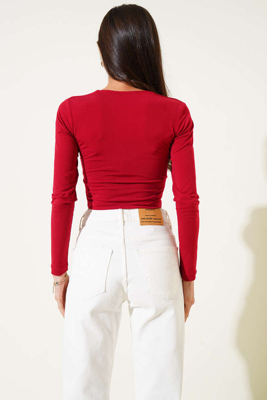 Square Neck Long Sleeve Sandy Crop Burgundy