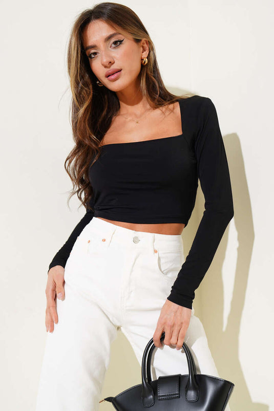 Schwarz, Kurzarm, sandfarben, mit quadratischem Ausschnitt, langärmelig