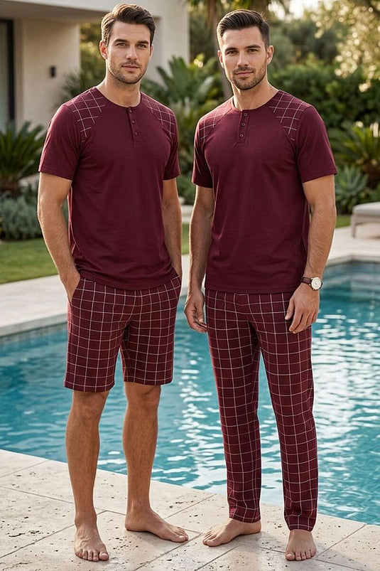 Kareli Erkek 3'lü Kısa Kol Pijama Takımı Bordo