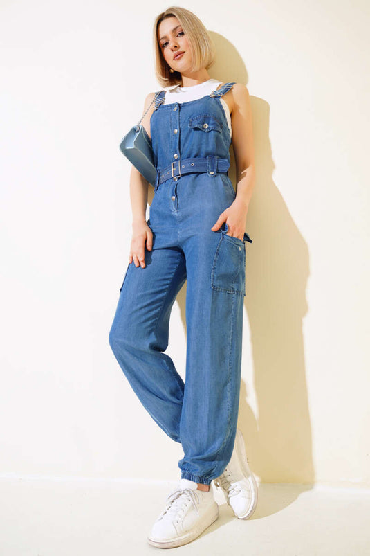 بذلة بحزام جيب البضائع باللون الأزرق الداكن