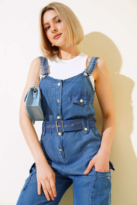 بذلة بحزام جيب البضائع باللون الأزرق الداكن