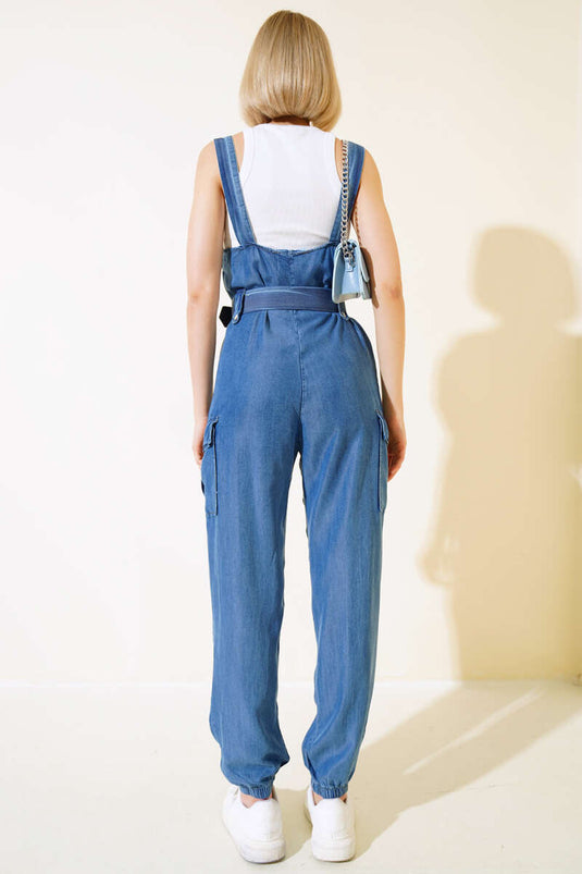 Cargo Pocket Strap Jumpsuit Dark Blue
