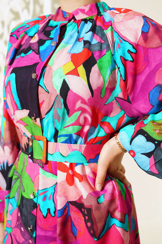 فستان بأزرار على كامل التصميم مختلط باللون الفوشيا