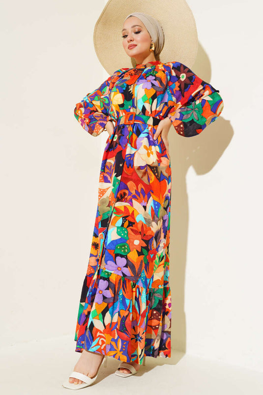 Mixed Mønster All-over Buttoned Kjole Sennep