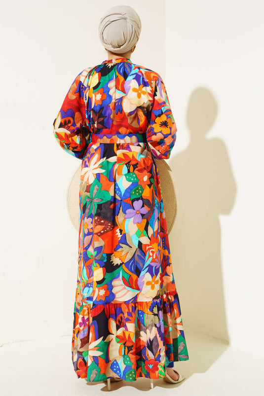 فستان بأزرار ونمط مختلط بلون الخردل