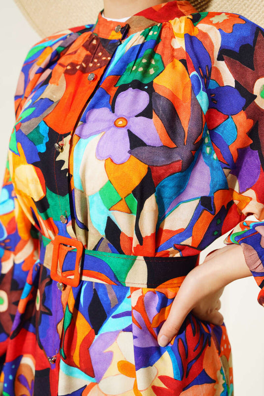 فستان بأزرار ونمط مختلط بلون الخردل