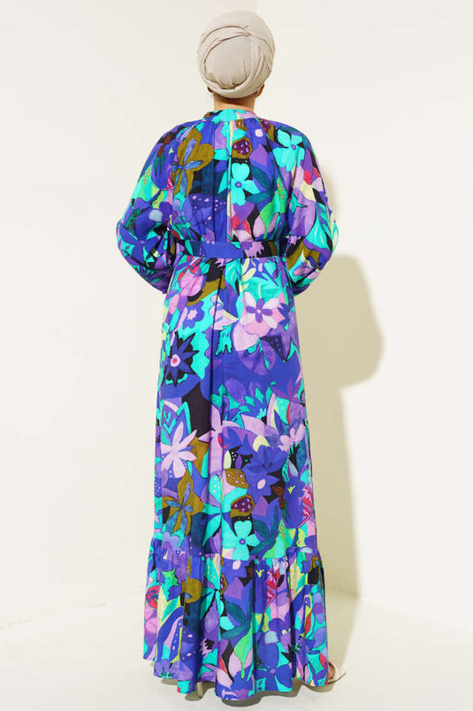 Karışık Desen Boydan Düğmeli Elbise Mor