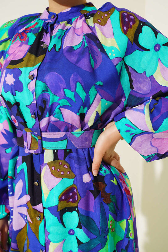 Karışık Desen Boydan Düğmeli Elbise Mor