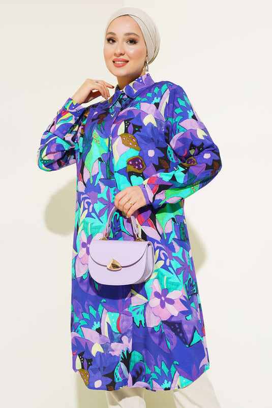 قميص بأزرار مخفية بنمط مختلط باللون الأرجواني