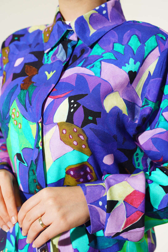 Chemise Boutons Cachés à Motifs Mixtes Violet