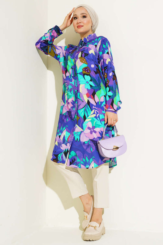 قميص بأزرار مخفية بنمط مختلط باللون الأرجواني