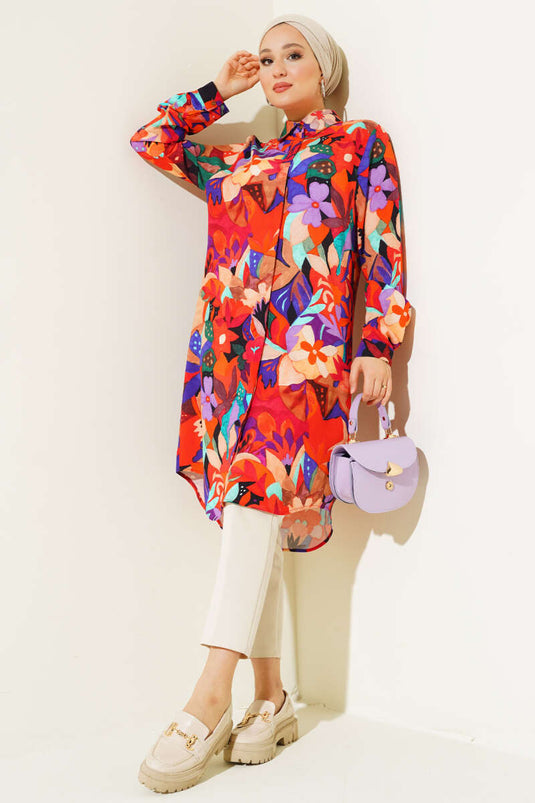 قميص بأزرار مخفية بنمط مختلط برتقالي