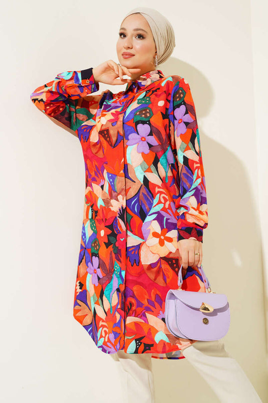 قميص بأزرار مخفية بنمط مختلط برتقالي