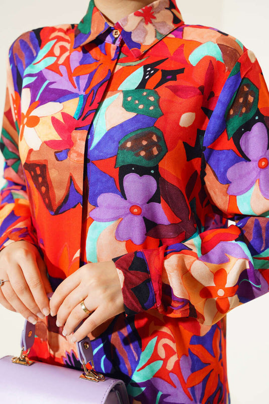 Blandet mønster skjult knapskjorte orange