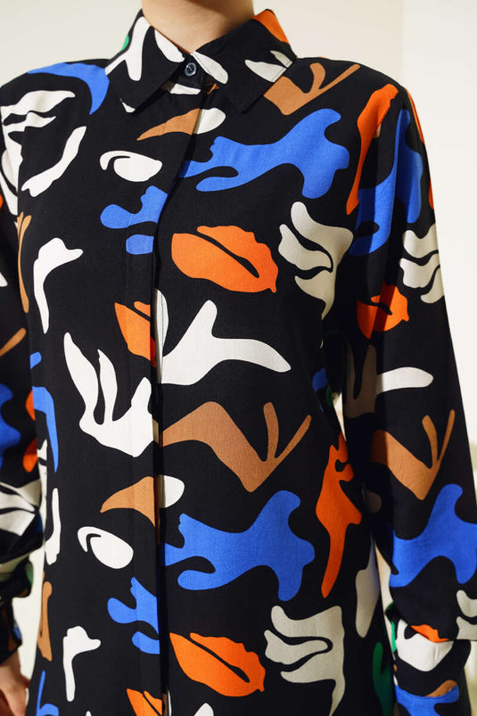 قميص بأزرار مخفية بنمط مختلط باللون الأسود