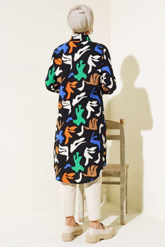 قميص بأزرار مخفية بنمط مختلط باللون الأسود