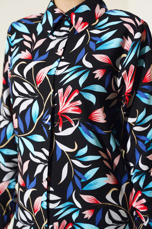 Chemise Boutons Cachés à Motifs Mixtes Noir Bleu