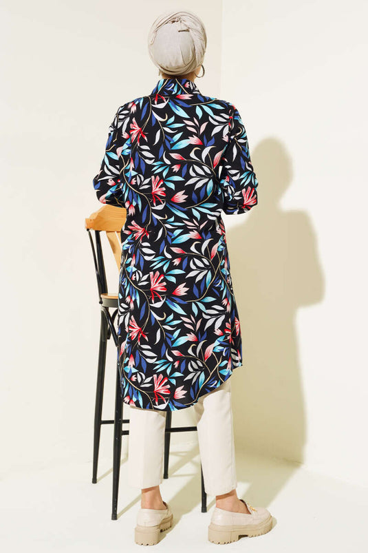 Chemise Boutons Cachés à Motifs Mixtes Noir Bleu