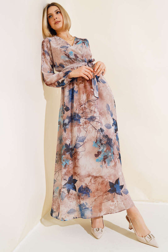 Robe à Motifs Mixtes et Col Croisé Indigo