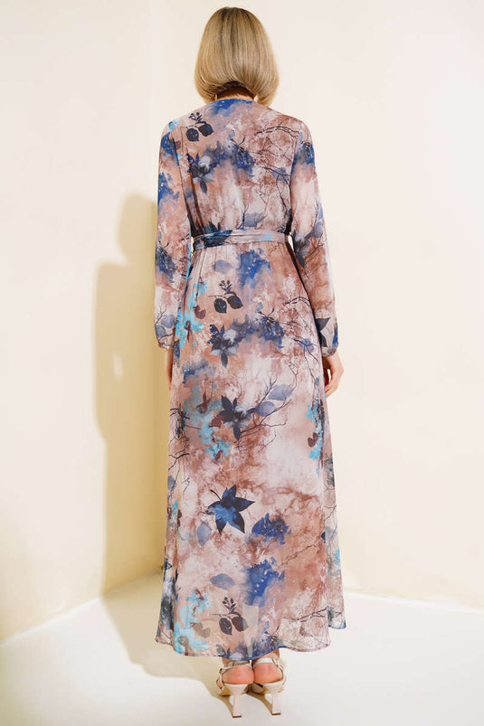 Mixed Pattern Double-Breasted Collar Dress Indigo