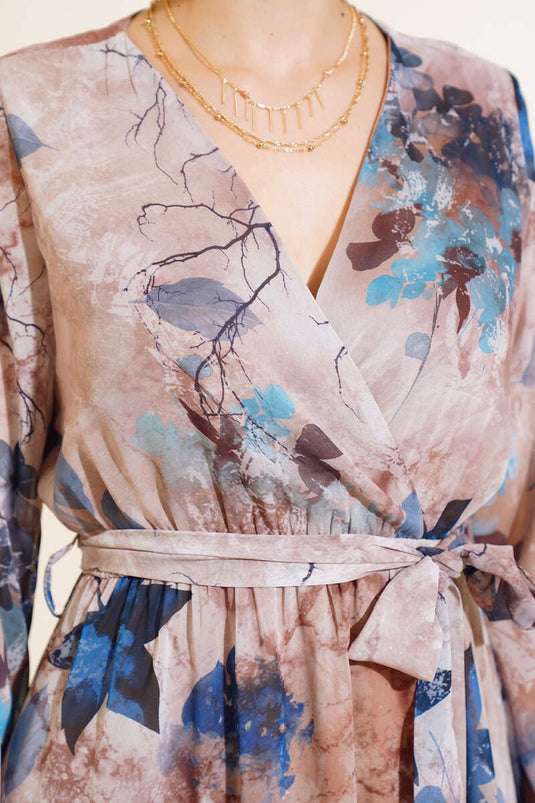 Mixed Pattern Double-Breasted Collar Dress Indigo