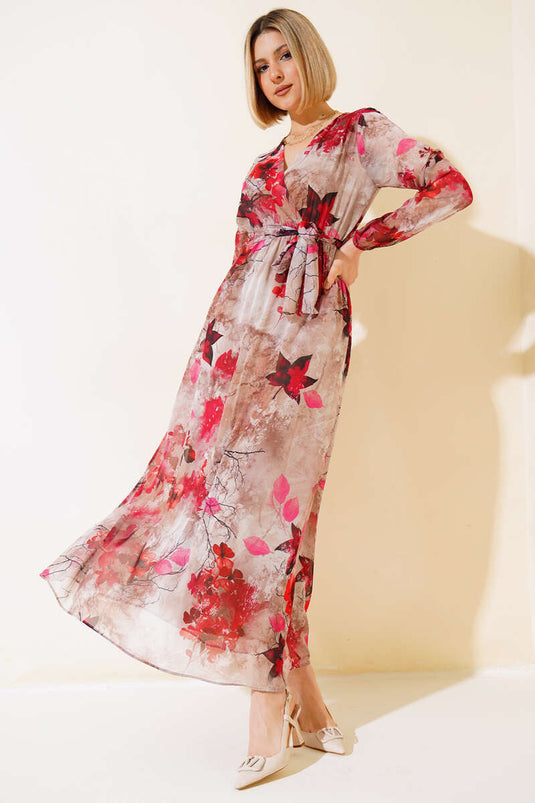 Robe à Motifs Mixtes Col Croisé Rouge