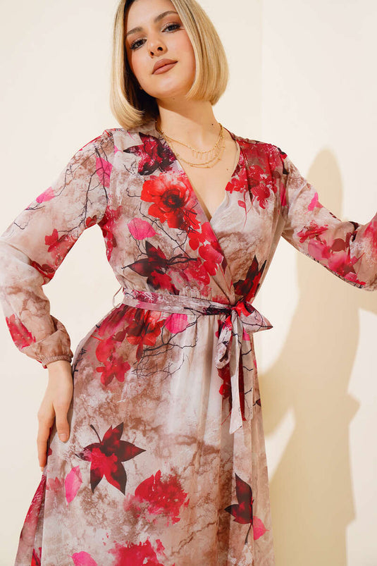 Robe à Motifs Mixtes Col Croisé Rouge